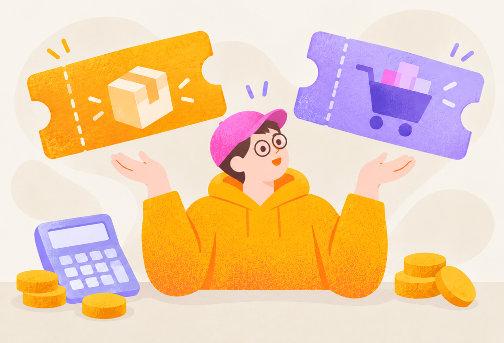 Qoo10のSHOPクーポン：商品クーポンとカートクーポンのチケットを手に考えるキャラクターと、電卓・コインのイラスト